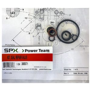 Power Team 300571 seal repair kit for 9628 manual valve, showing o-rings and SPX Power Team label